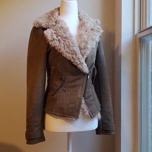 Brown faux leather cropped slim biker jacket  XS